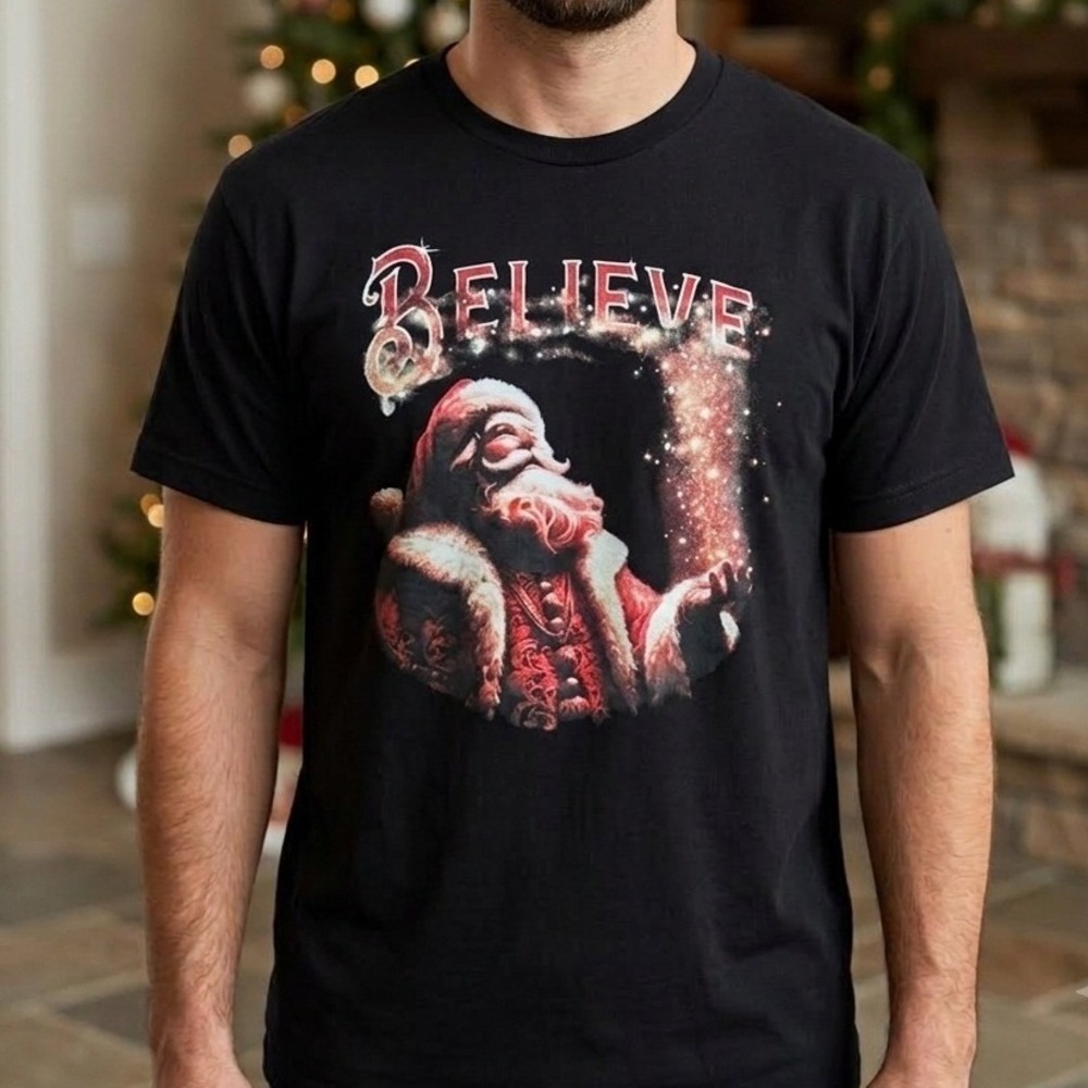 NWT Holiday Time Mens Believe Santa Claus Graphic T-Shirt Black XL Christmas Fun